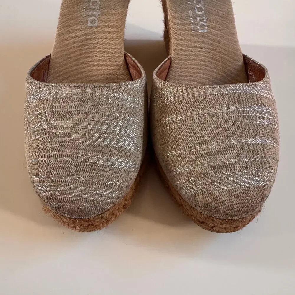 Viscata Barcelona Satuna Canvas Espadrille Wedge Sandal Tan Silver Size 39 US 9